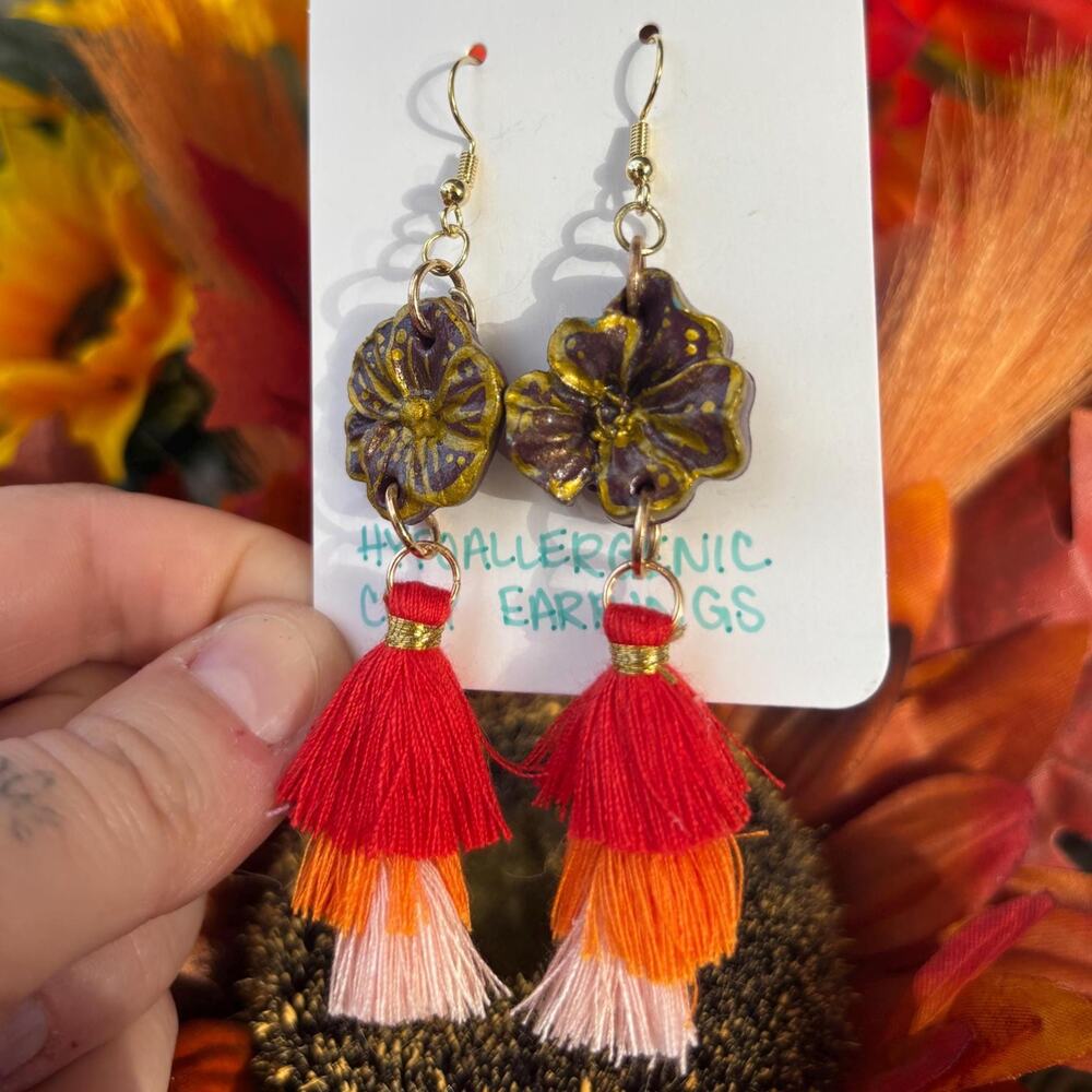 Handmade Mismatched Flower Tassel Earrings: Polymer Clay, Hypoallergenic Jewelry